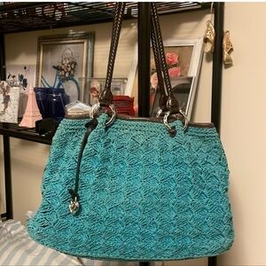 Brighton Greenish Blue Macrame Shoulder Bag With Leather Trim